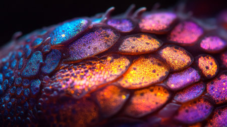 Macro shot of a dragon's skin. Colorful background.