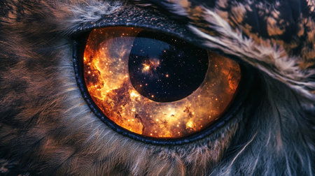 Eye of an owl with fire and stars in the night sky.の写真素材