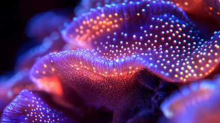 Macro detail of a coral in neon light. Colorful backgroundの写真素材
