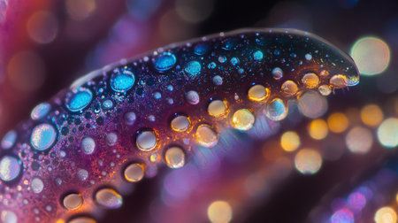 Macro shot of dew drops on a flower petal.