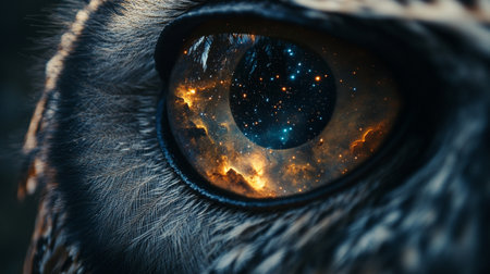 Owl eye with space and stars in the night sky. 3d renderingの写真素材
