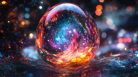 abstract crystal ball with colorful light bokeh background. 3d rendering