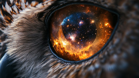 Eye of an owl with space and stars in the background. 3D rendering