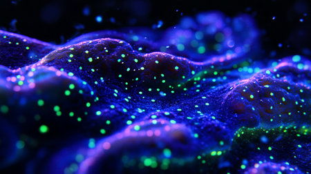 3D illustration of a science fiction background of glowing particles with depth of field and bokeh.の写真素材