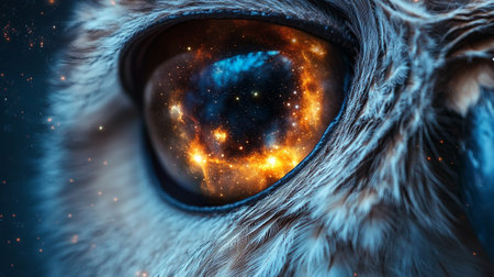 Eye of the Owl in space. Cosmic background. 3D renderingの写真素材