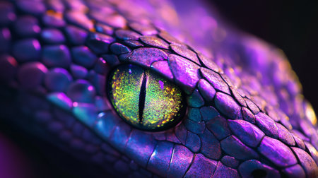 Macro shot of a purple snake's eye with green veins.の写真素材