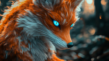 Red fox with blue eyes in the forest. 3d rendering.
