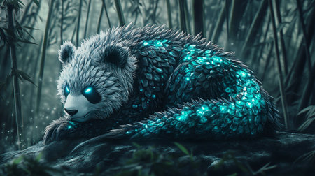 3D rendering of a giant panda in a dark forest.の写真素材