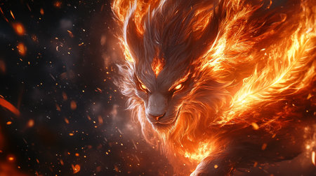 Fiery lion in the fire. 3D rendering and illustration.の写真素材