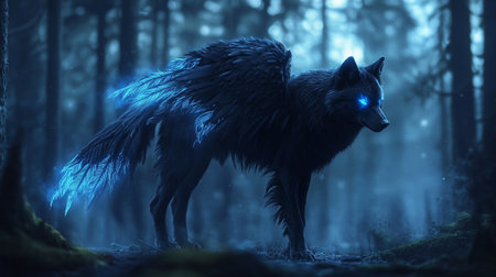 Fantasy dark forest with a wolf in the fog, 3d illustration