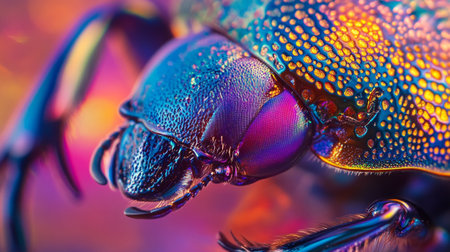 Macro shot of the head of a beetle with a colored backgroundの写真素材