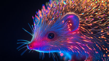 Hedgehog with neon lights on a black background. 3d illustrationの写真素材