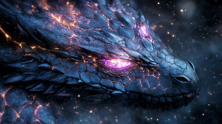3D rendering of a fantasy dragon in space with fire and starsの写真素材