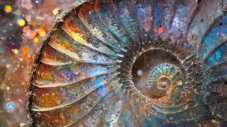 Macro photo of an ammonite shell with colorful bokeh backgroundの写真素材