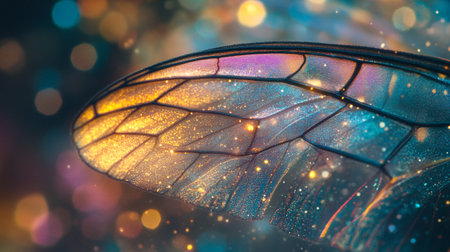 Macro photo of a dragonfly wing with colorful bokeh backgroundの写真素材
