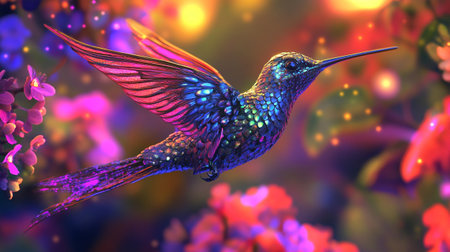 Illustration of a hummingbird with flowers in the background, 3d renderの写真素材