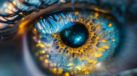 Macro shot of human eye with glowing iris. Abstract backgroundの写真素材