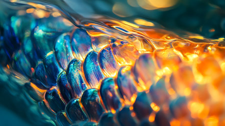 Macro shot of a crystal clear water surface with orange and blue reflectionsの写真素材