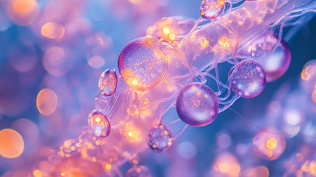 Close-up of a 3D rendering of abstract structures with vibrant colors and glowing effects.