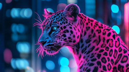 Leopard portrait with colorful bokeh light background, Thailand.の写真素材