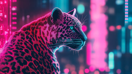 Leopard in the night club with neon lights. 3d renderingの写真素材