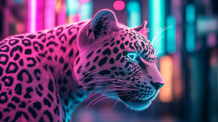 Portrait of a leopard in the neon light. 3d renderingの写真素材