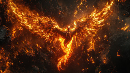 3d rendering of an eagle flying over a lava field with flames