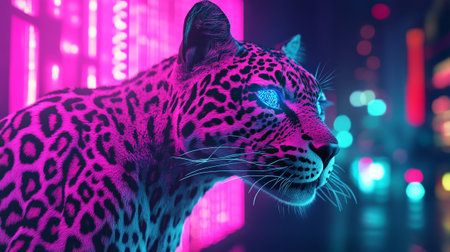 Neon leopard portrait with bokeh background. 3D renderingの写真素材