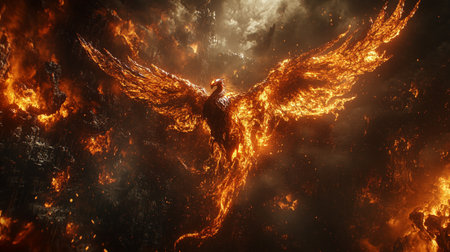 Fantasy image of a flying angel with wings in the fire.の写真素材