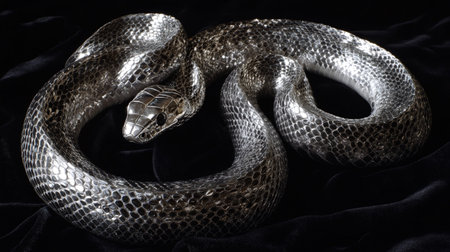 Close-up of a snake on a black background, studio shot
