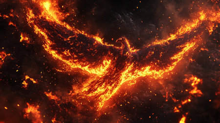 3d illustration of fire and flames with flying bird in it.