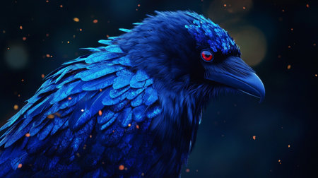 Black crow with blue feathers, 3d rendering. Computer digital drawing.の写真素材