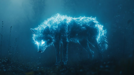 A wolf in a dark forest, illuminated by a blue light.の写真素材