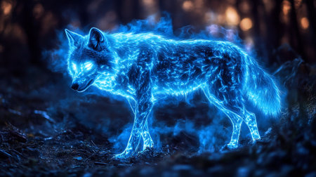 Blue wolf in the forest at night. 3D Rendering.の写真素材
