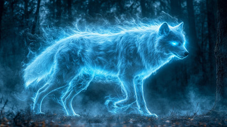 White wolf in the dark forest with blue smoke. 3d rendering