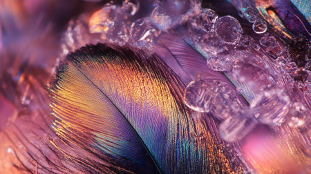 Macro photo of colorful feathers with drops of water. Macro shotの写真素材