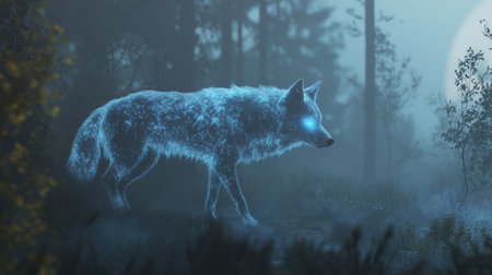 Digital Illustration of a Wolf in a Foggy Forest at Nightの写真素材