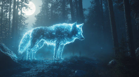 Digital composite of Wolf in the forest at night with full moon.の写真素材