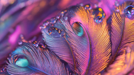 Macro shot of colorful feathers with water droplets on it.