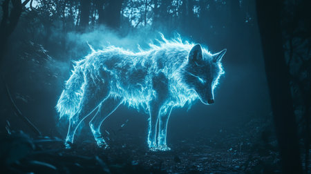 A wolf in the forest in the fog. 3d rendering.