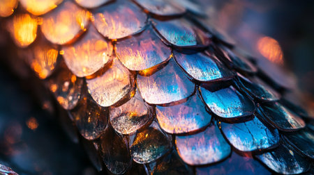 Close up of a golden snake skin as a background. Selective focus.の写真素材