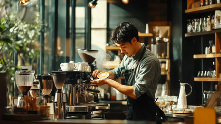 Portrait of young Asian barista making coffee in coffee shop.のeditorial素材