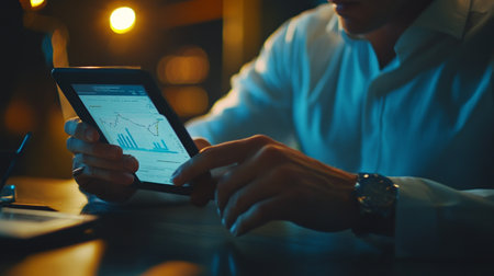 Businessman using tablet in dark office. Close-up of male hands holding tablet.の写真素材
