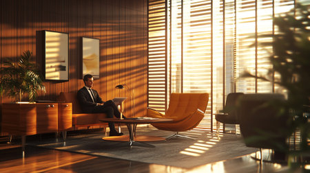 Businessman working on laptop in modern office lobby. 3D Rendering