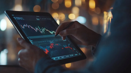 Businessman analyzing stock market data on digital tablet. Business and financial concept