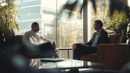 Two businessmen talking in the lobby of a modern office building. Business peopleの写真素材