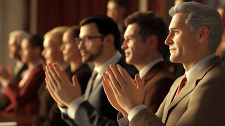 Group of business people applauding at the conference hall, close up