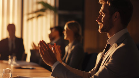Businessman clapping hands during business meeting in office, closeupのeditorial素材
