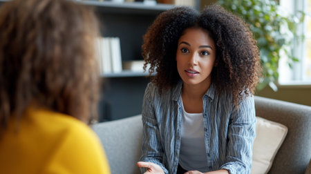 Serious african american woman sitting on sofa and talking to psychologist. Psychologist consulting young woman. Psychotherapy conceptの写真素材