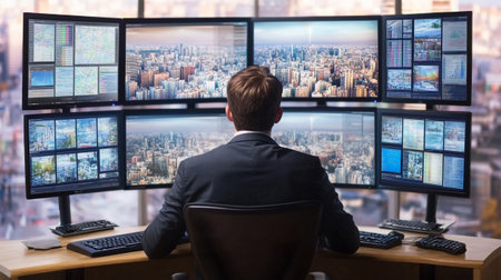 Businessman looking at monitors in office with cityscape in the backgroundの写真素材